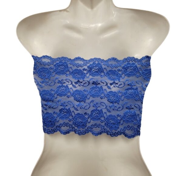 Blue See Through Elastic Lace Bandeau Strapless Lace Tube Top Lace Crop Top - Picture 4 of 8